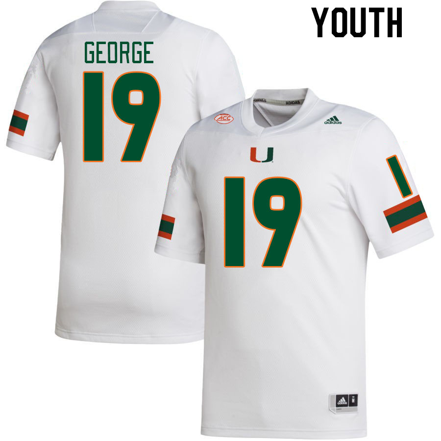 Youth #19 Jayden George Miami Hurricanes College Football Jerseys Stitched-White - Click Image to Close